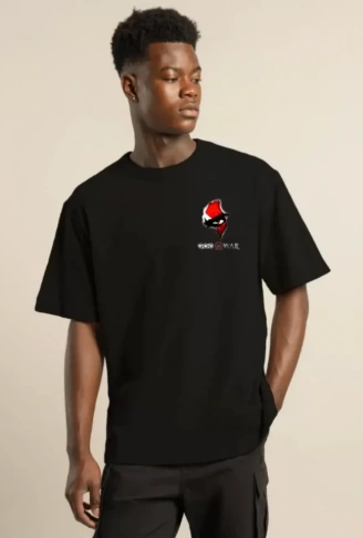 Unisex Bisiklet Yaka Baskılı Oversize T-Shirt - Siyah