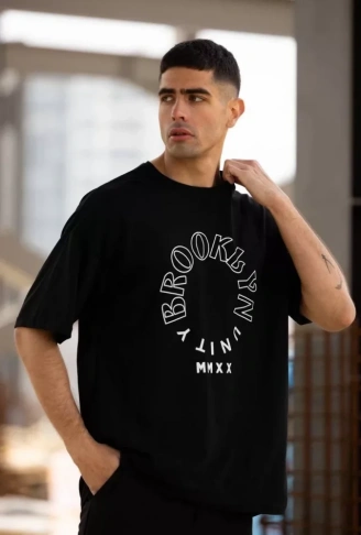 Unisex Bisiklet Yaka Baskılı Oversize T-Shirt - Siyah