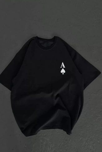 Unisex Bisiklet Yaka Baskılı Oversize T-Shirt - Siyah