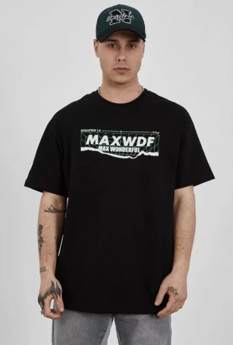 Unisex Bisiklet Yaka Baskılı Oversize T-Shirt - Siyah