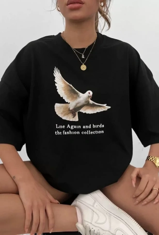 Unisex Bisiklet Yaka Baskılı Oversize T-Shirt - Siyah