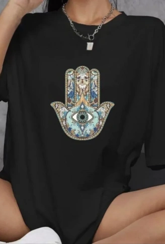 Unisex Bisiklet Yaka Baskılı Oversize T-Shirt - Siyah