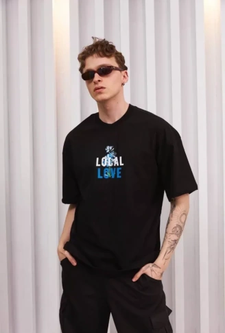 Unisex Bisiklet Yaka Baskılı Oversize T-Shirt - Siyah