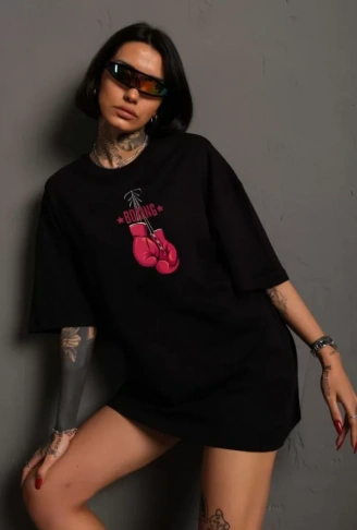 Unisex Bisiklet Yaka Baskılı Oversize T-Shirt - Siyah