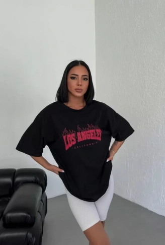 Unisex Bisiklet Yaka Baskılı Oversize T-Shirt - Siyah