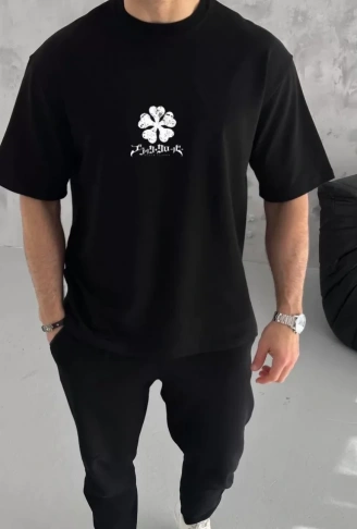 Unisex Bisiklet Yaka Baskılı Oversize T-Shirt - Siyah