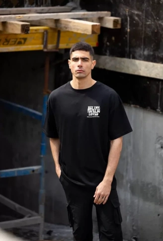 Unisex Bisiklet Yaka Baskılı Oversize T-Shirt - Siyah