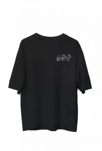 Unisex Bisiklet Yaka Baskılı Oversize T-Shirt - Siyah