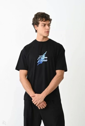 Unisex Bisiklet Yaka Baskılı Oversize T-Shirt - Siyah