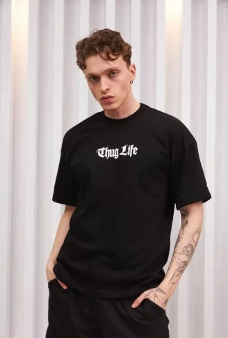 Unisex Bisiklet Yaka Baskılı Oversize T-Shirt - Siyah