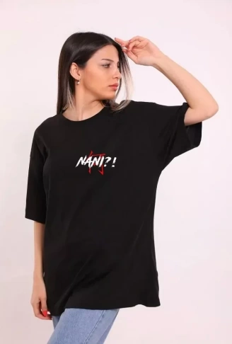 Unisex Bisiklet Yaka Baskılı Oversize T-Shirt - Siyah