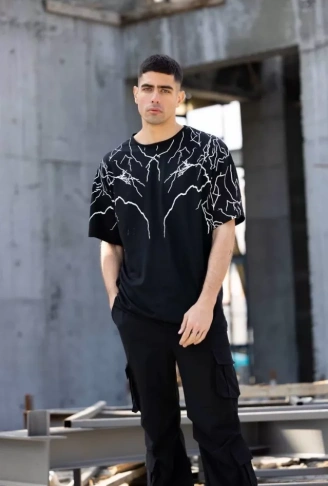 Unisex Bisiklet Yaka Baskılı Oversize T-Shirt - Siyah