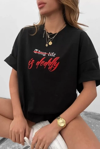 Unisex Bisiklet Yaka Baskılı Oversize T-Shirt - Siyah