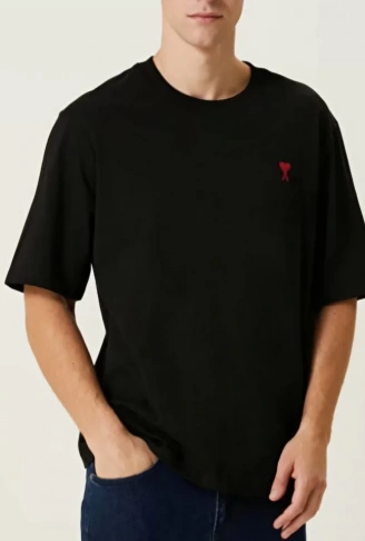 Unisex Bisiklet Yaka Baskılı Oversize T-Shirt - Siyah