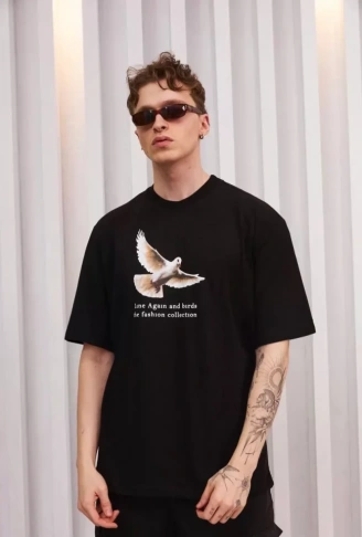 Unisex Bisiklet Yaka Baskılı Oversize T-Shirt - Siyah