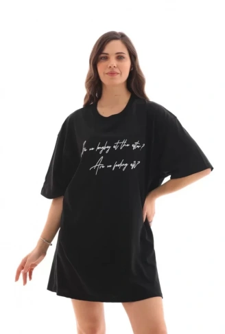 Unisex Bisiklet Yaka Baskılı Oversize T-Shirt - Siyah