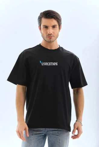 Unisex Bisiklet Yaka Baskılı Oversize T-Shirt - Siyah