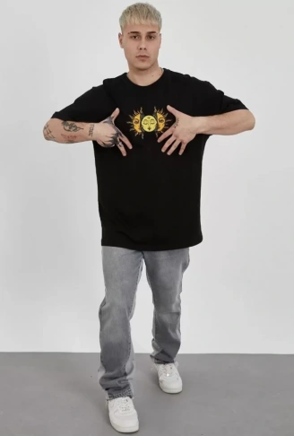 Unisex Bisiklet Yaka Baskılı Oversize T-Shirt - Siyah