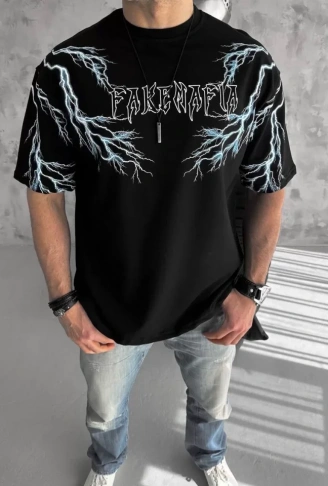 Unisex Bisiklet Yaka Baskılı Oversize T-Shirt - Siyah