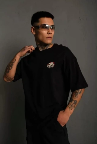 Unisex Bisiklet Yaka Baskılı Oversize T-Shirt - Siyah