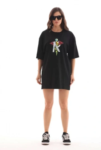 Unisex Bisiklet Yaka Baskılı Oversize T-Shirt - Siyah