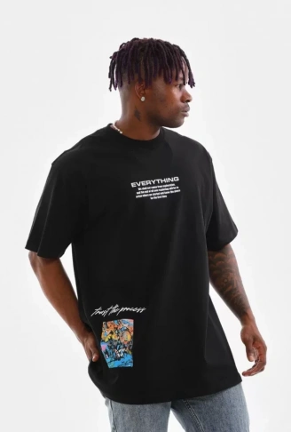 Unisex Bisiklet Yaka Baskılı Oversize T-Shirt - Siyah