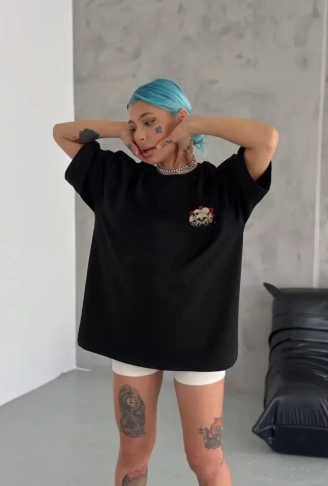 Unisex Bisiklet Yaka Baskılı Oversize T-Shirt - Siyah