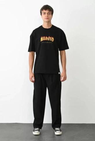 Unisex Bisiklet Yaka Baskılı Oversize T-Shirt - Siyah