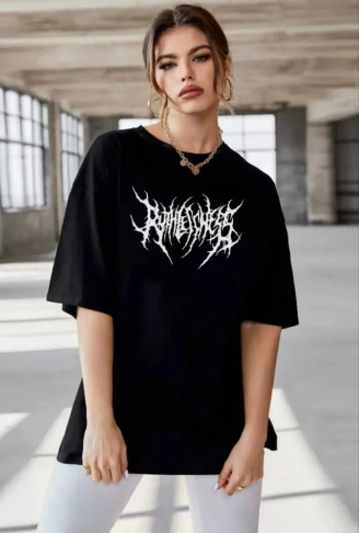 Unisex Bisiklet Yaka Baskılı Oversize T-Shirt - Siyah