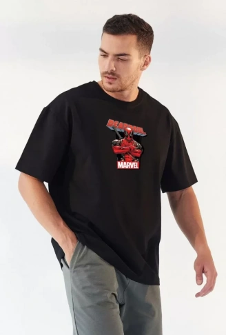 Unisex Bisiklet Yaka Baskılı Oversize T-Shirt - Siyah