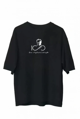 Unisex Bisiklet Yaka Baskılı Oversize T-Shirt - Siyah