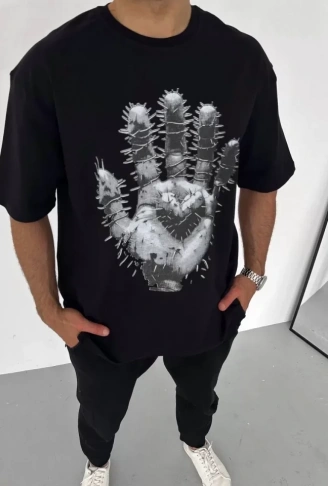 Unisex Bisiklet Yaka Baskılı Oversize T-Shirt - Siyah