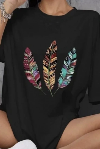 Unisex Bisiklet Yaka Baskılı Oversize T-Shirt - Siyah