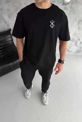 Unisex Bisiklet Yaka Baskılı Oversize T-Shirt - Siyah