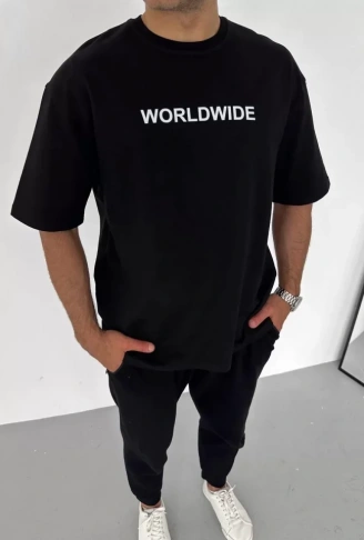 Unisex Bisiklet Yaka Baskılı Oversize T-Shirt - Siyah