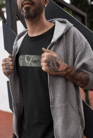 Unisex Bisiklet Yaka Baskılı Oversize T-Shirt - Siyah