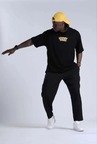 Unisex Bisiklet Yaka Baskılı Oversize T-Shirt - Siyah