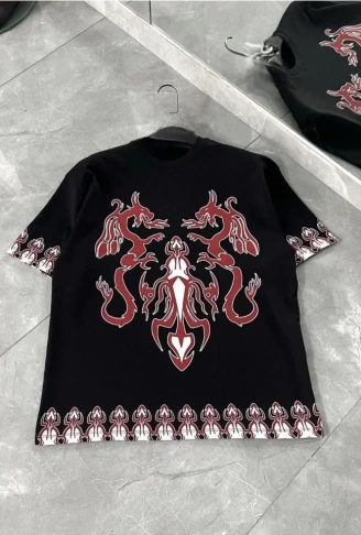 Unisex Bisiklet Yaka Baskılı Oversize T-Shirt - Siyah