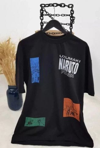 Unisex Bisiklet Yaka Baskılı Oversize T-Shirt - Siyah