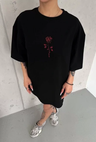 Unisex Bisiklet Yaka Baskılı Oversize T-Shirt - Siyah