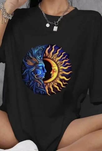 Unisex Bisiklet Yaka Baskılı Oversize T-Shirt - Siyah