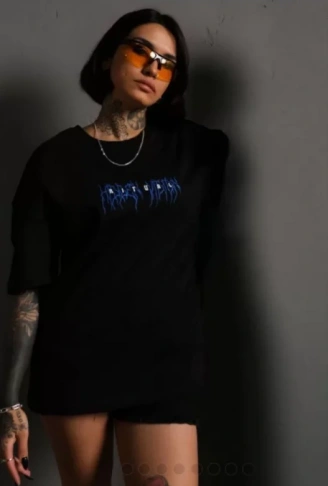 Unisex Bisiklet Yaka Baskılı Oversize T-Shirt - Siyah
