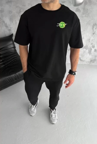 Unisex Bisiklet Yaka Baskılı Oversize T-Shirt - Siyah