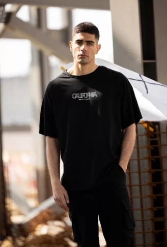 Unisex Bisiklet Yaka Baskılı Oversize T-Shirt - Siyah