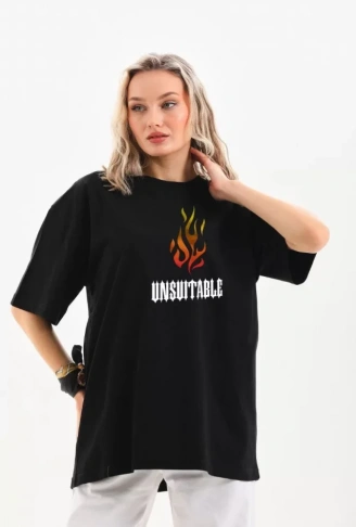 Unisex Bisiklet Yaka Baskılı Oversize T-Shirt - Siyah