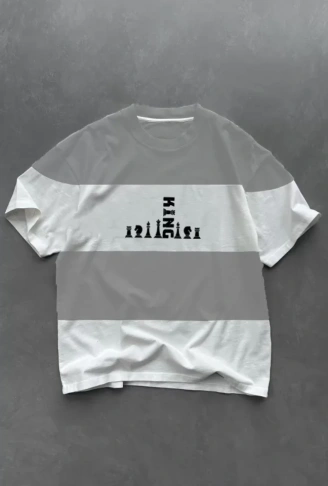 Unisex Bisiklet Yaka Baskılı Parçalı Oversize T-Shirt - Gri