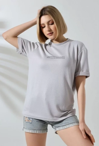 Unisex Bisiklet Yaka Baskılı Slim Fit T-Shirt - Boyalı Gri