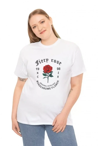 Unisex Bisiklet Yaka Baskılı T-Shirt - Beyaz