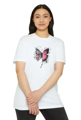 Unisex Bisiklet Yaka Baskılı T-Shirt - Beyaz