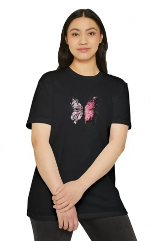 Unisex Bisiklet Yaka Baskılı T-Shirt - Siyah